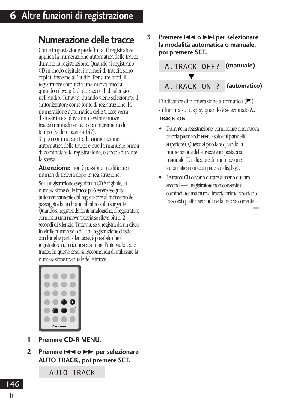 Numerazione delle tracce, 6 altre funzioni di registrazione | Pioneer PDR-F10 User Manual | Page 146 / 162