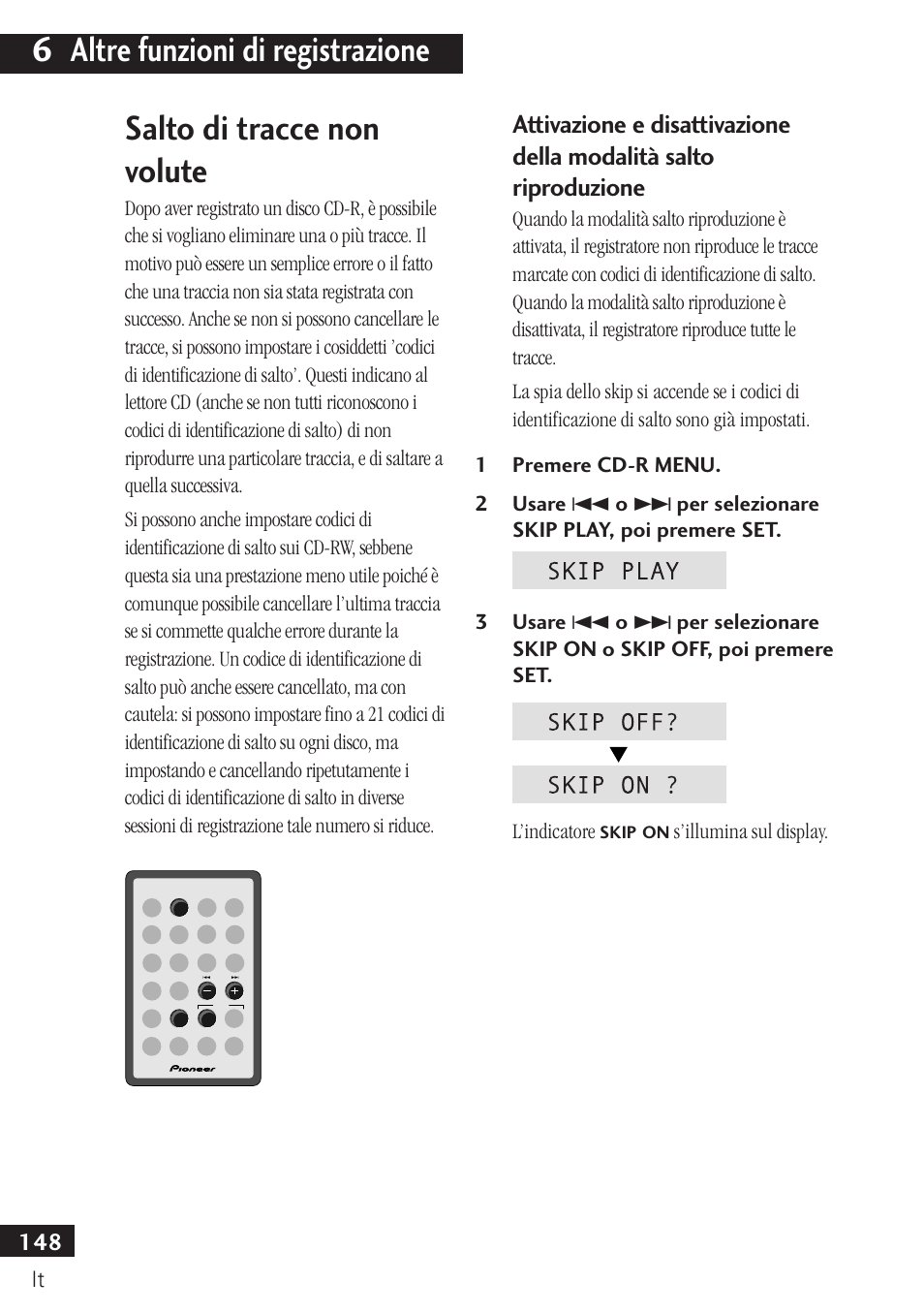 6 altre funzioni di registrazione, Salto di tracce non volute | Pioneer PDR-F10 User Manual | Page 148 / 162