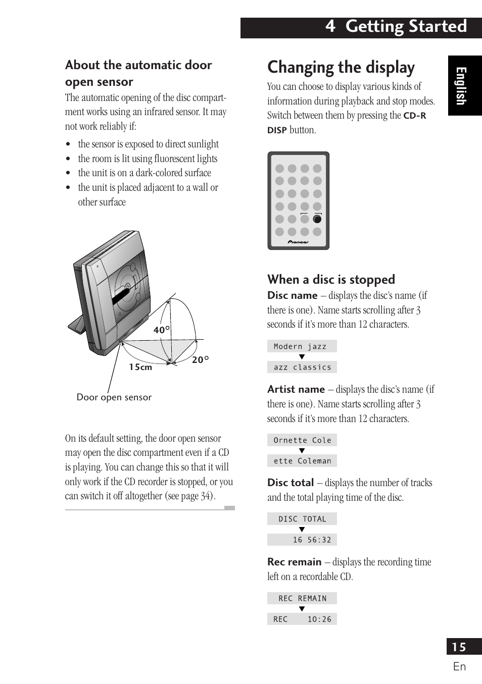 4 getting started, Changing the display, About the automatic door open sensor | When a disc is stopped, 15 english | Pioneer PDR-F10 User Manual | Page 15 / 162