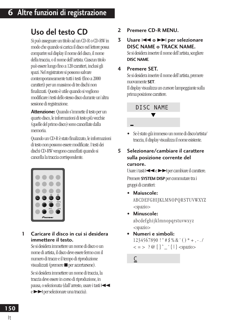 Uso del testo cd, 6 altre funzioni di registrazione | Pioneer PDR-F10 User Manual | Page 150 / 162