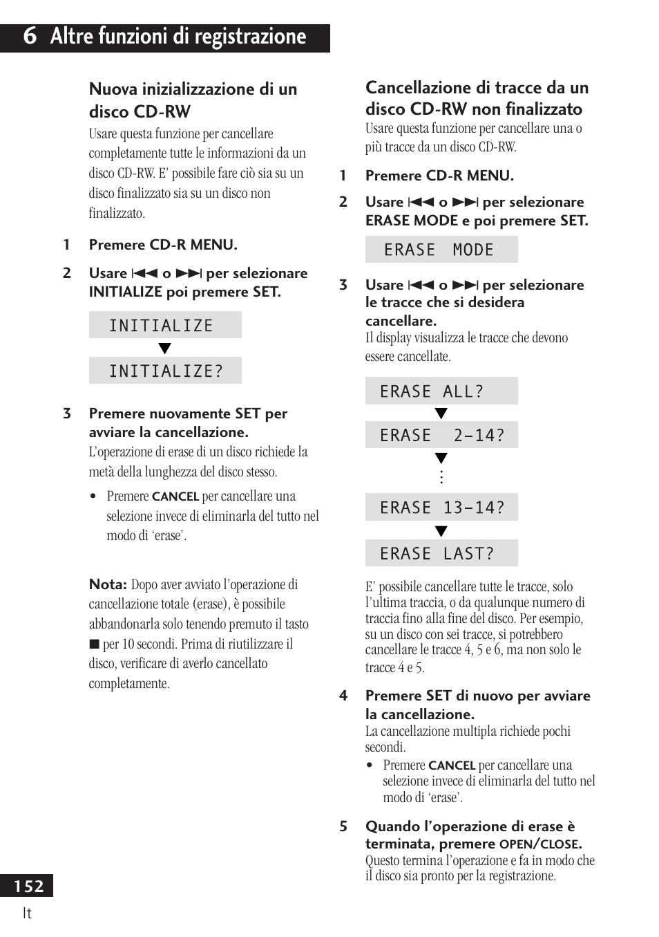 6 altre funzioni di registrazione, Nuova inizializzazione di un disco cd-rw | Pioneer PDR-F10 User Manual | Page 152 / 162