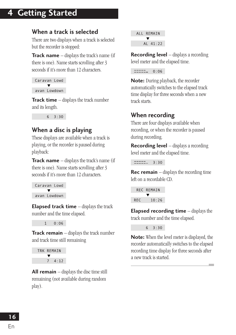 4 getting started, When a track is selected, When a disc is playing | When recording | Pioneer PDR-F10 User Manual | Page 16 / 162