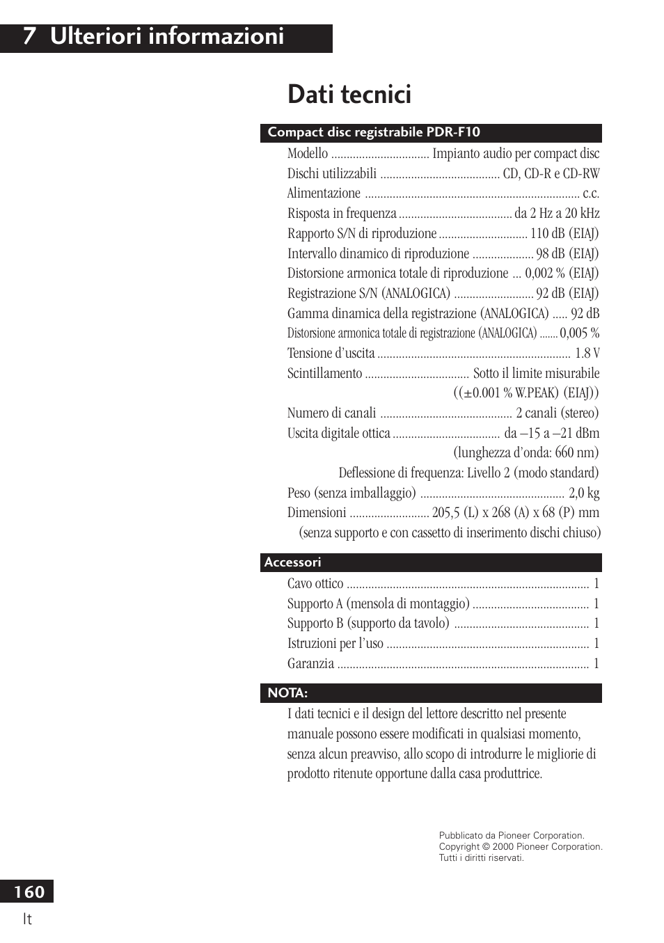 Dati tecnici, 7 ulteriori informazioni | Pioneer PDR-F10 User Manual | Page 160 / 162