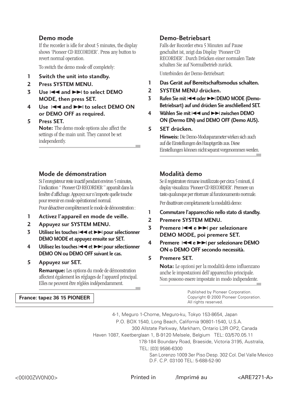 Demo mode, Mode de démonstration, Demo-betriebsart | Modalità demo, Pioneer corporation | Pioneer PDR-F10 User Manual | Page 162 / 162