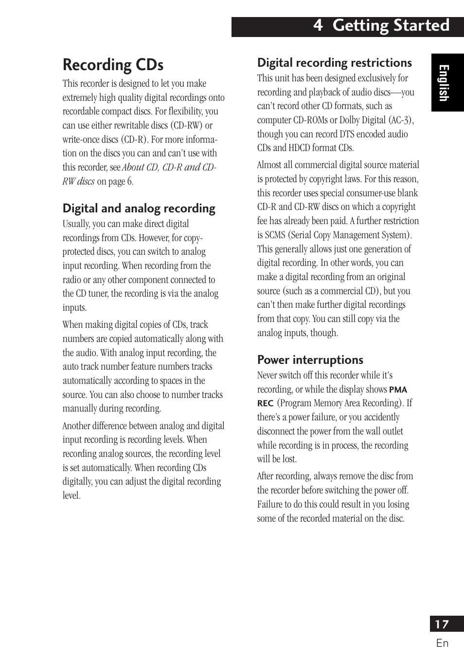 4 getting started, Recording cds | Pioneer PDR-F10 User Manual | Page 17 / 162
