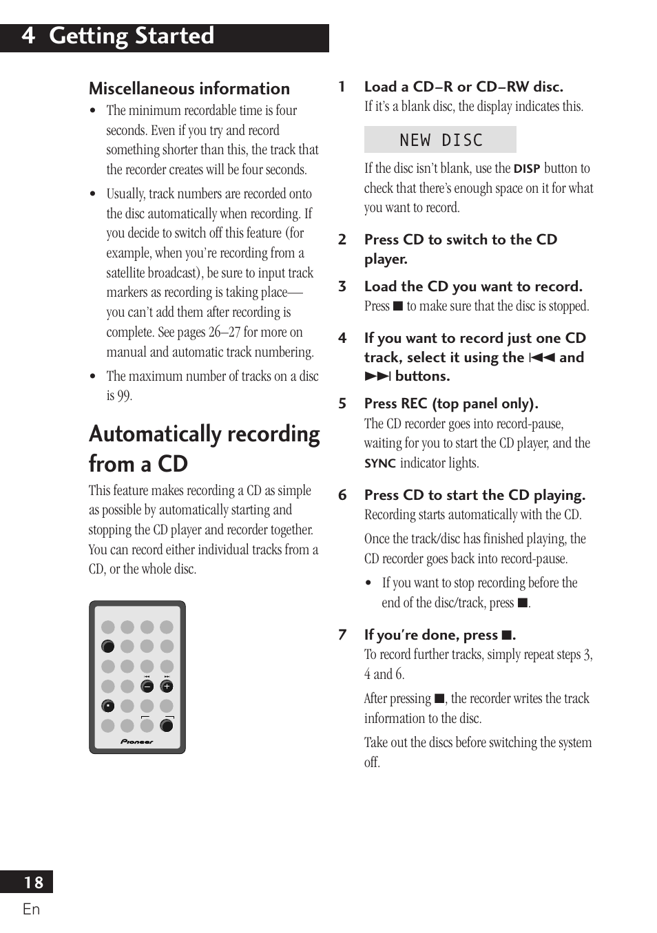 Miscellaneous information, Automatically recording from a cd, 4 getting started | Pioneer PDR-F10 User Manual | Page 18 / 162