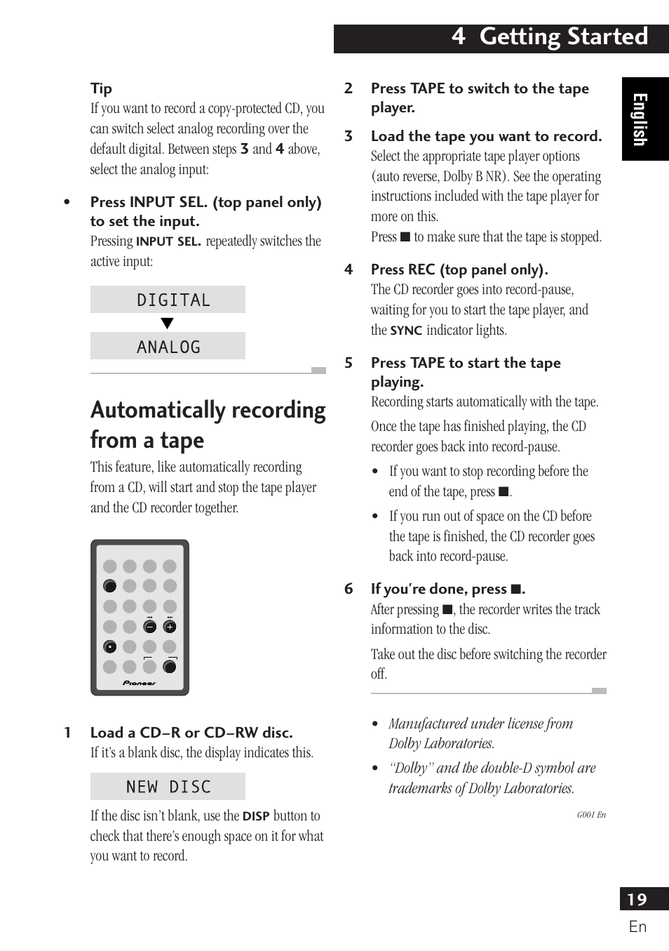 Automatically recording from a tape, 4 getting started, 19 english | Pioneer PDR-F10 User Manual | Page 19 / 162