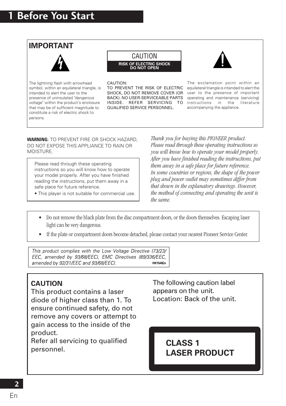 1 before you start, Class 1 laser product, Important | Pioneer PDR-F10 User Manual | Page 2 / 162