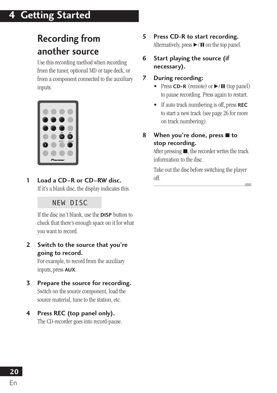 Recording from another source, 4 getting started | Pioneer PDR-F10 User Manual | Page 20 / 162