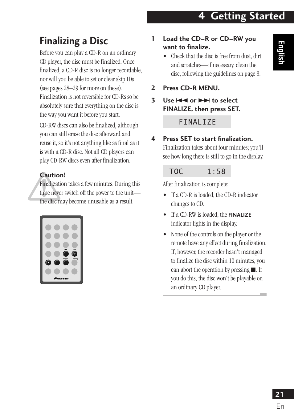 Finalizing a disc, 4 getting started, 21 english | Pioneer PDR-F10 User Manual | Page 21 / 162