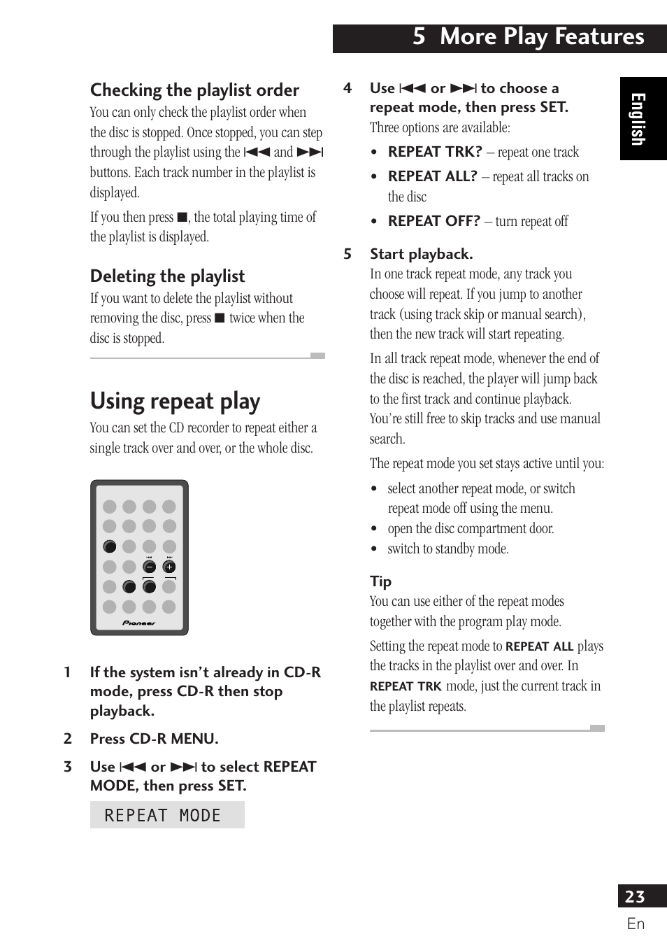 5 more play features, Using repeat play, Checking the playlist order | Deleting the playlist, 23 english | Pioneer PDR-F10 User Manual | Page 23 / 162