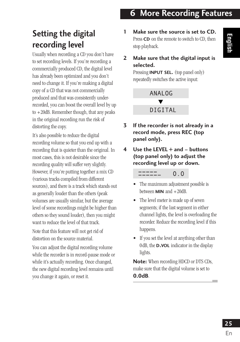 Setting the digital recording level, 6 more recording features | Pioneer PDR-F10 User Manual | Page 25 / 162