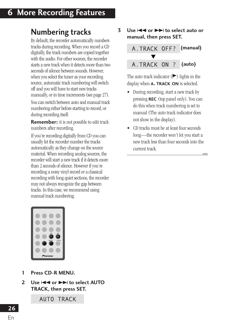 Numbering tracks, 6 more recording features | Pioneer PDR-F10 User Manual | Page 26 / 162