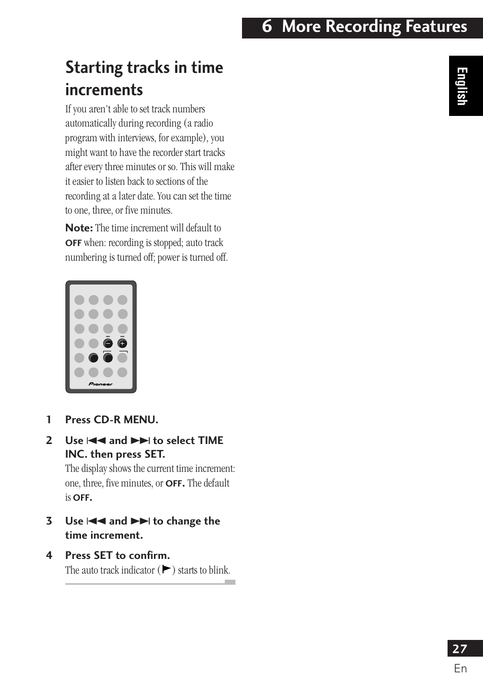 Starting tracks in time increments, 6 more recording features, 27 english | Pioneer PDR-F10 User Manual | Page 27 / 162