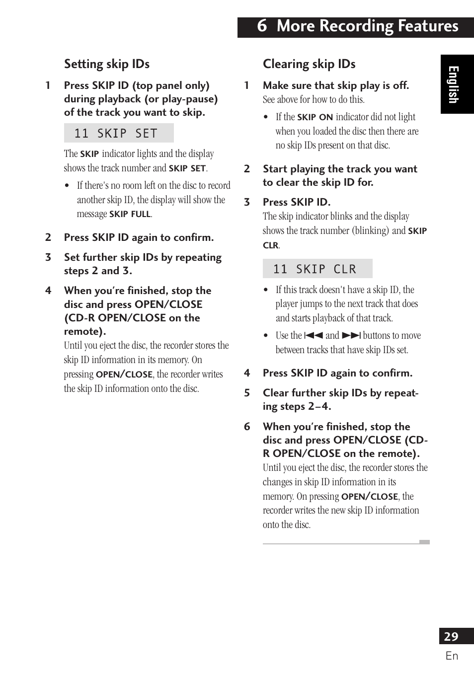 Setting skip ids clearing skip ids, 6 more recording features, Clearing skip ids | Setting skip ids | Pioneer PDR-F10 User Manual | Page 29 / 162