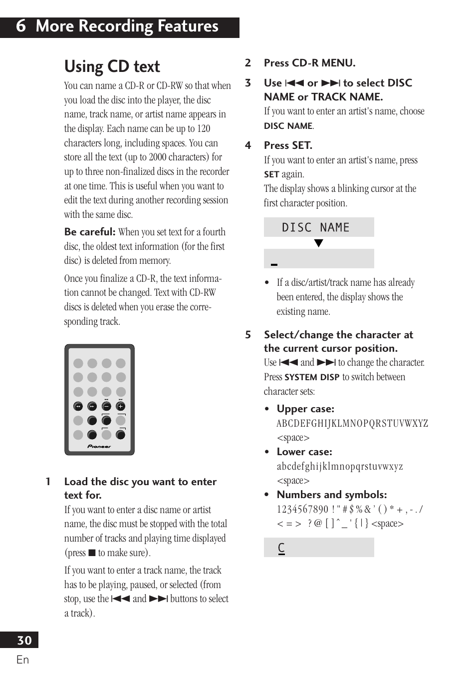 Using cd text, 6 more recording features | Pioneer PDR-F10 User Manual | Page 30 / 162