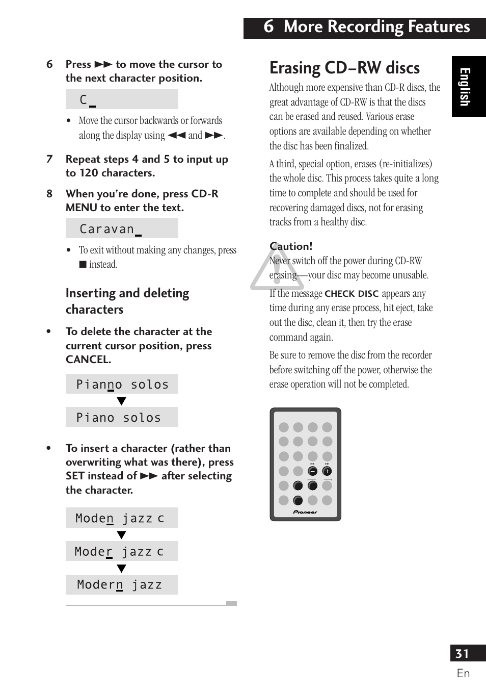 6 more recording features, Erasing cd–rw discs, Inserting and deleting characters | 31 english | Pioneer PDR-F10 User Manual | Page 31 / 162
