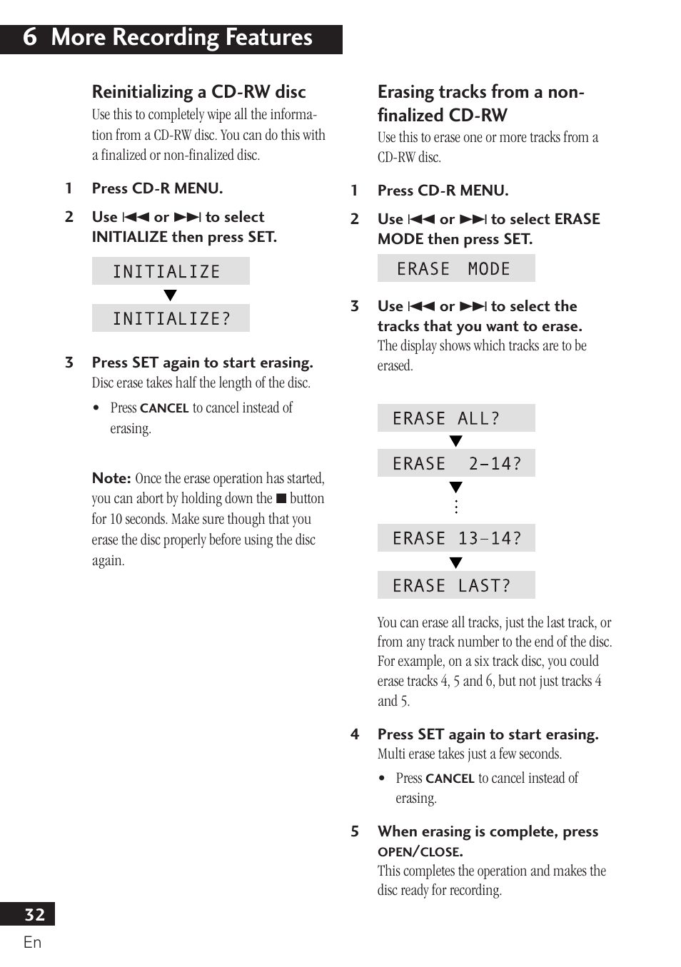 6 more recording features, Reinitializing a cd-rw disc, Erasing tracks from a non- finalized cd-rw | Pioneer PDR-F10 User Manual | Page 32 / 162