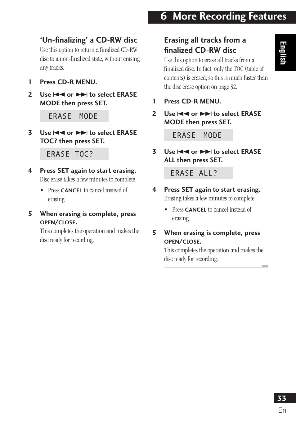 6 more recording features, Un-finalizing’ a cd-rw disc, Erasing all tracks from a finalized cd-rw disc | Pioneer PDR-F10 User Manual | Page 33 / 162