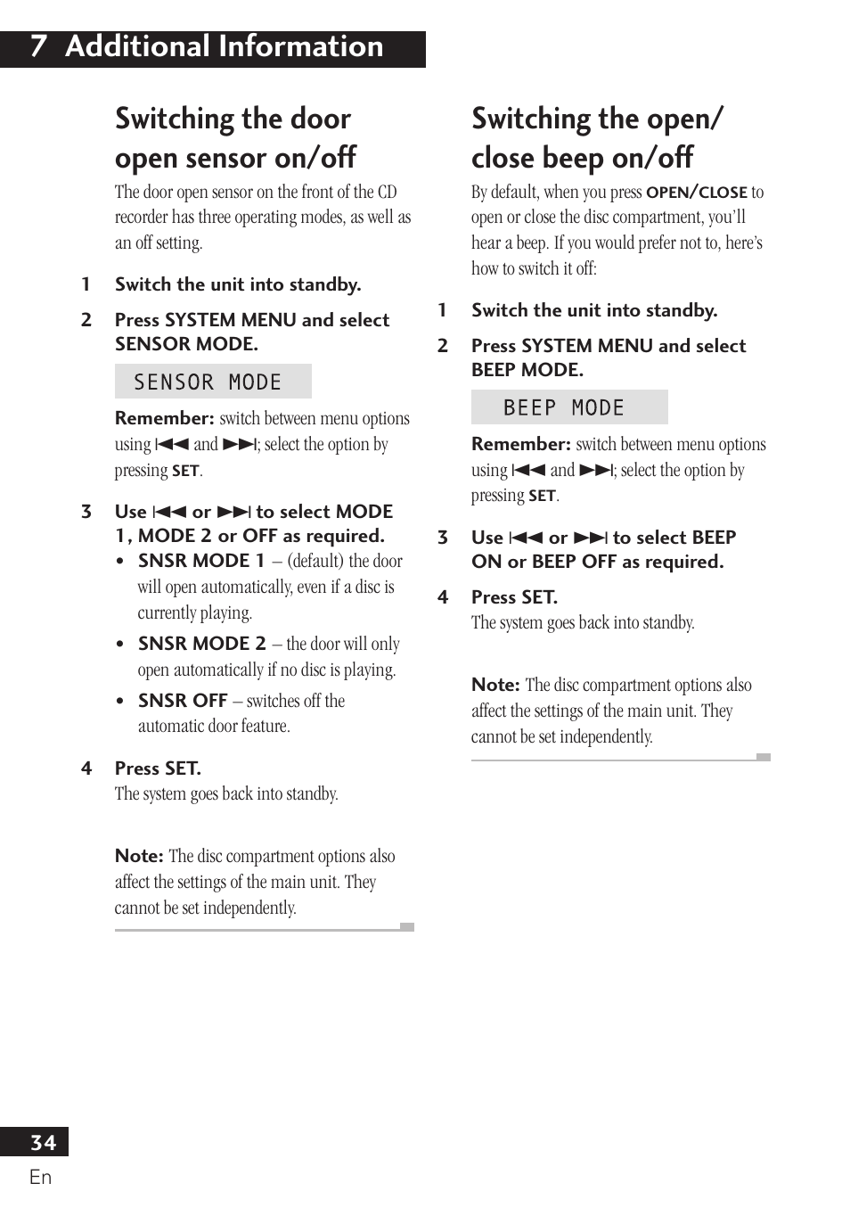 7 additional information, Switching the door open sensor on/off, Switching the open/ close beep on/off | Pioneer PDR-F10 User Manual | Page 34 / 162