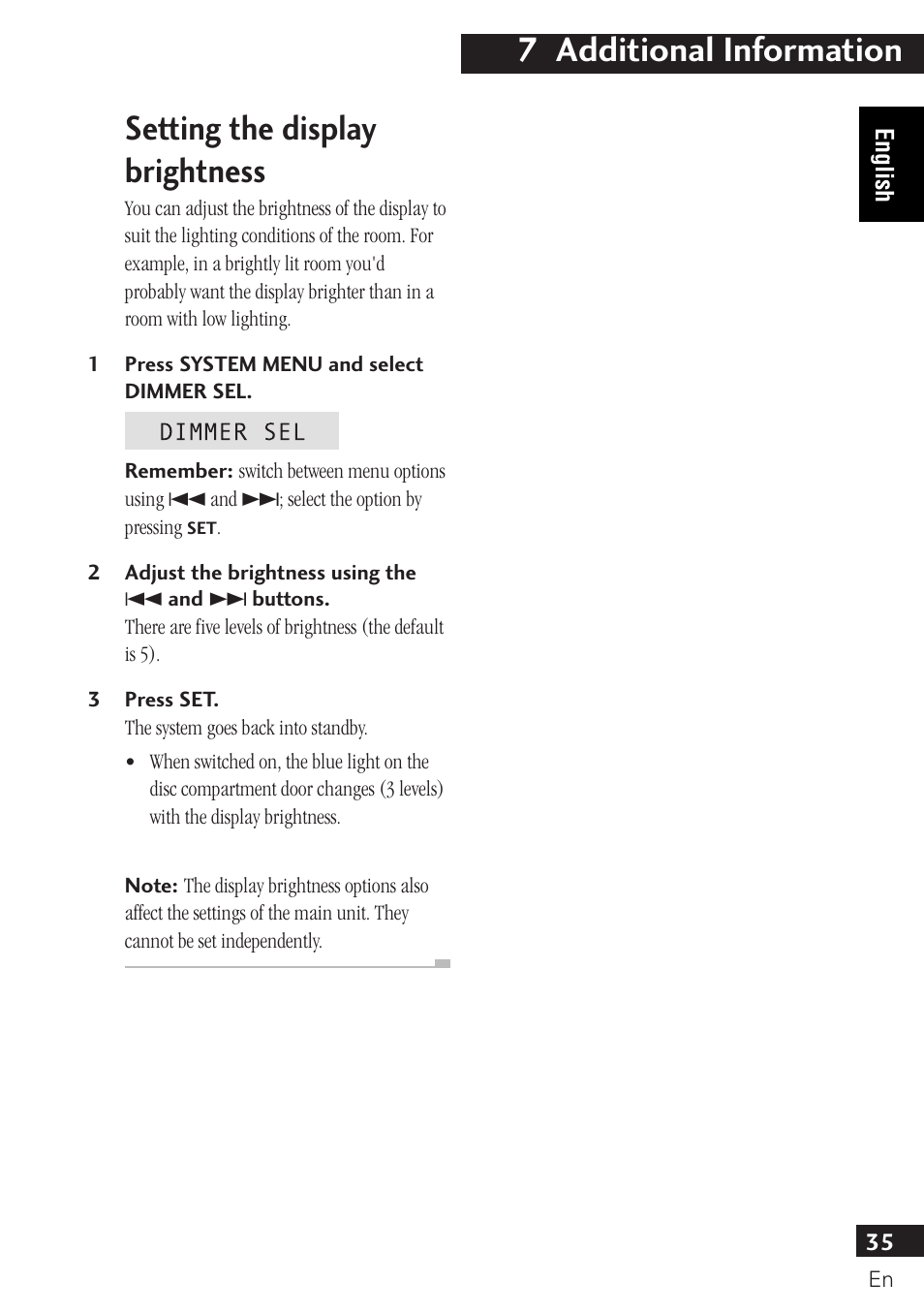 Setting the display brightness, 7 additional information | Pioneer PDR-F10 User Manual | Page 35 / 162