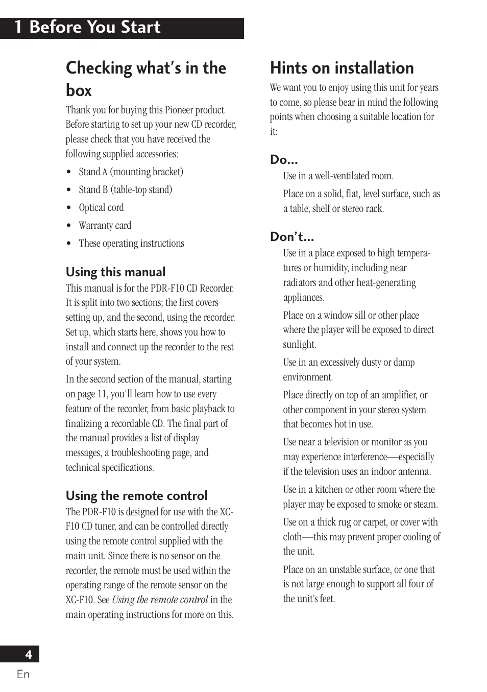 1 before you start, Checking what's in the box, Hints on installation | Pioneer PDR-F10 User Manual | Page 4 / 162