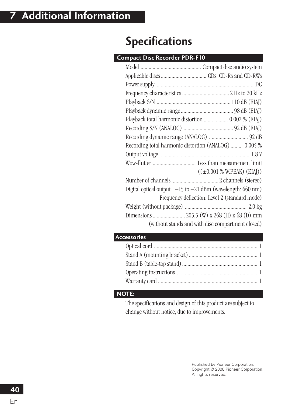 Specifications, 7 additional information | Pioneer PDR-F10 User Manual | Page 40 / 162