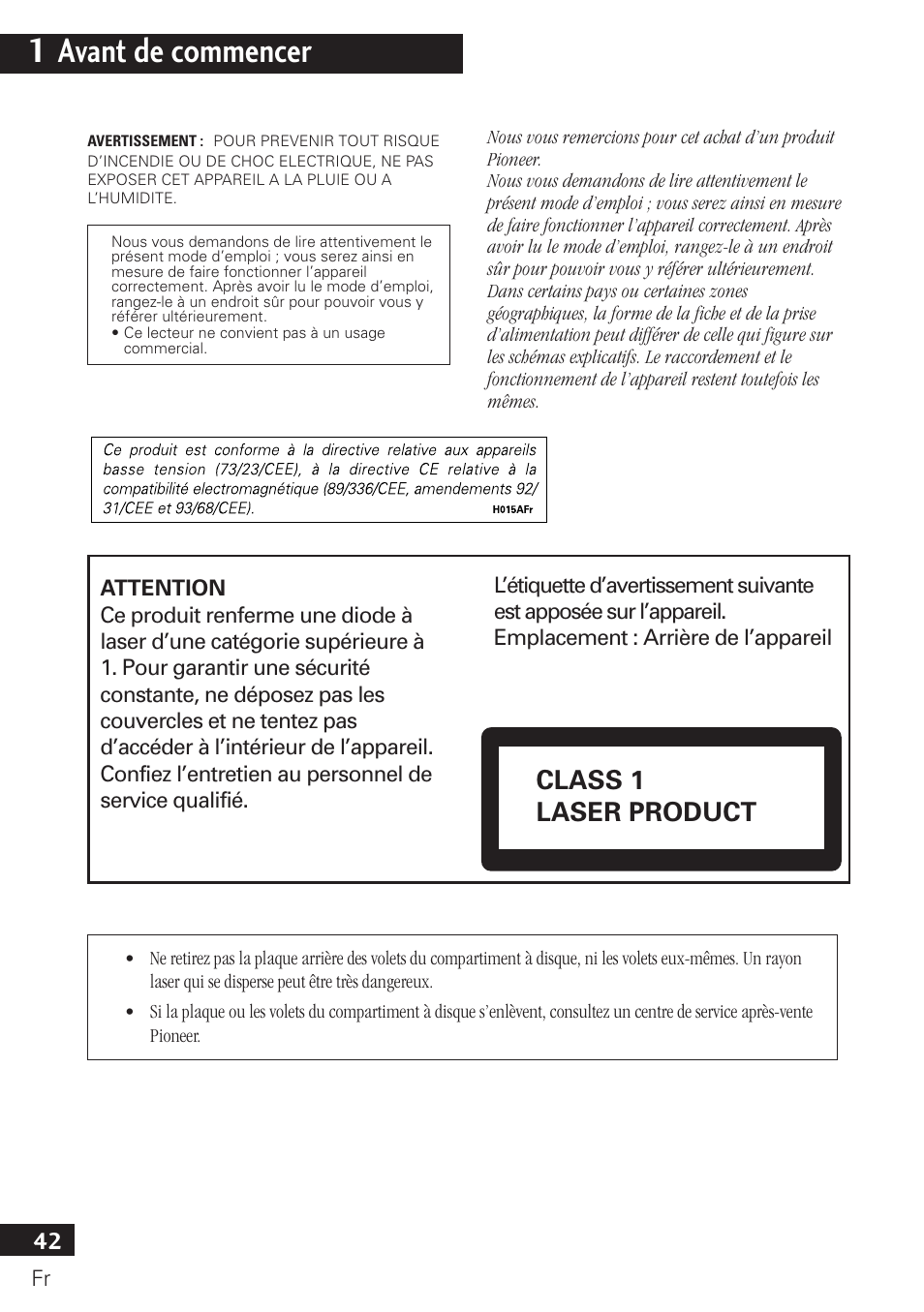 1 avant de commencer, Class 1 laser product | Pioneer PDR-F10 User Manual | Page 42 / 162