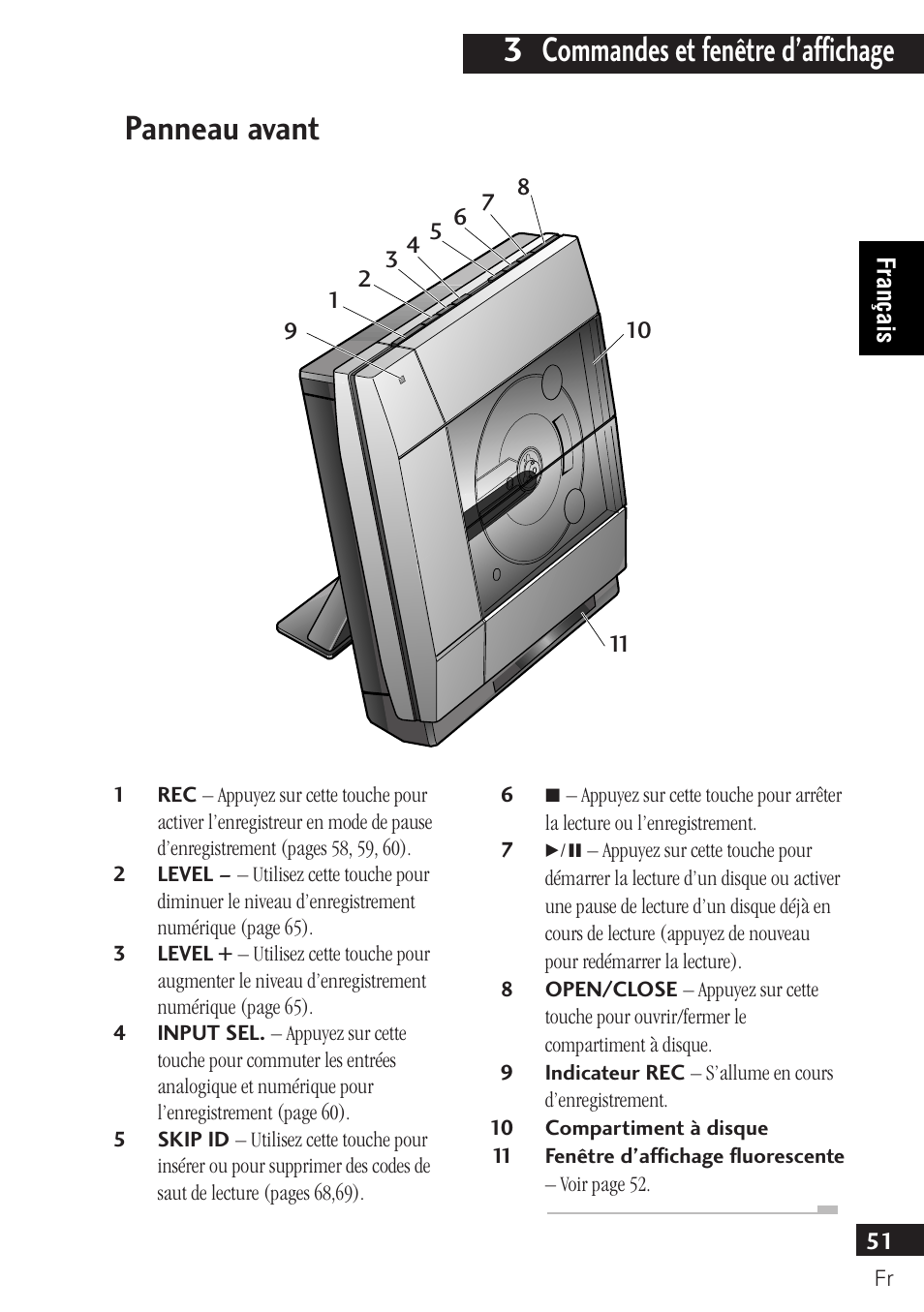 Panneau avant, 3 commandes et fenêtre d’affichage | Pioneer PDR-F10 User Manual | Page 51 / 162