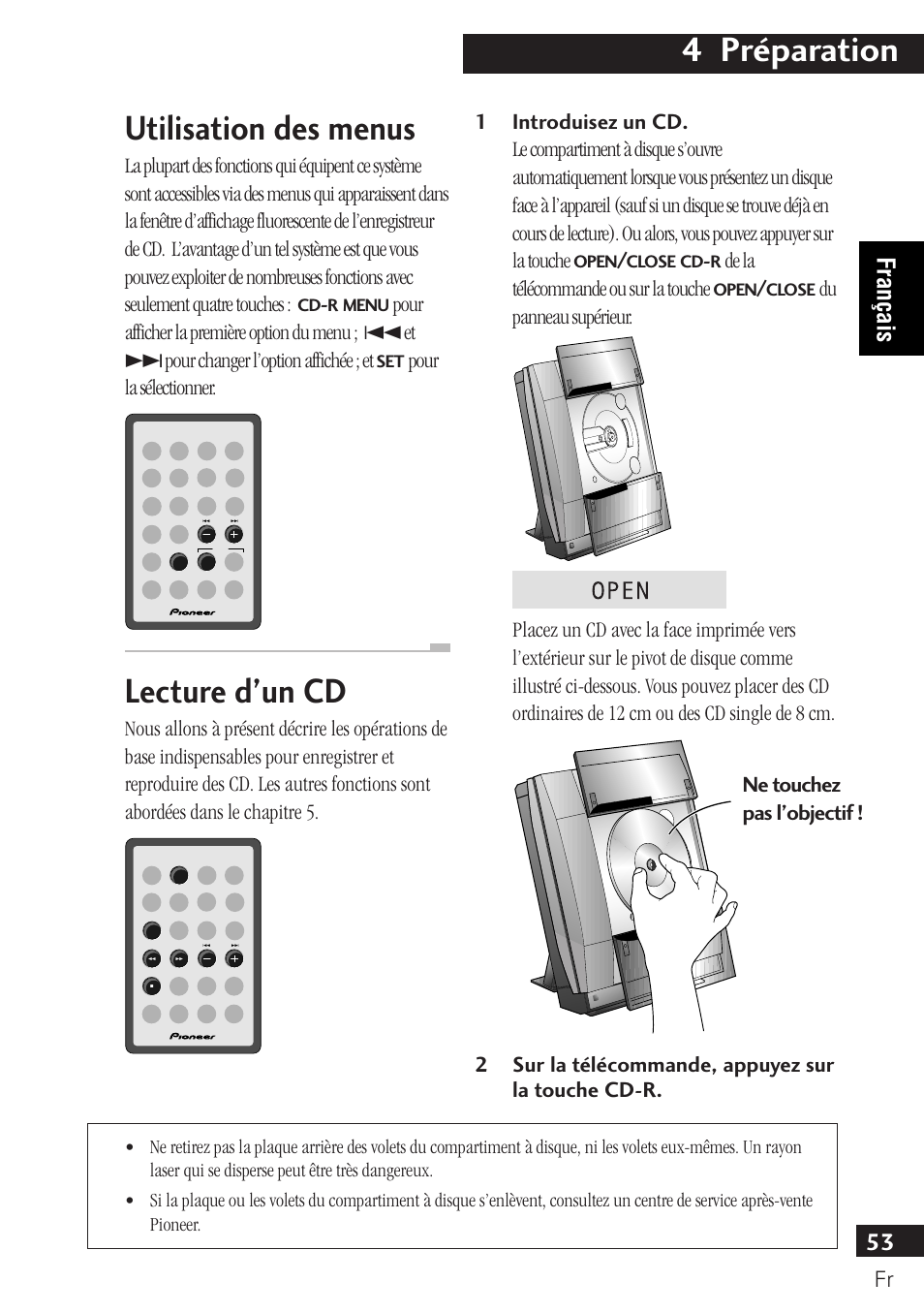 Utilisation des menus lecture d’un cd, 4 préparation, Utilisation des menus | Lecture d’un cd, 53 français, Pour la sélectionner, De la télécommande ou sur la touche | Pioneer PDR-F10 User Manual | Page 53 / 162