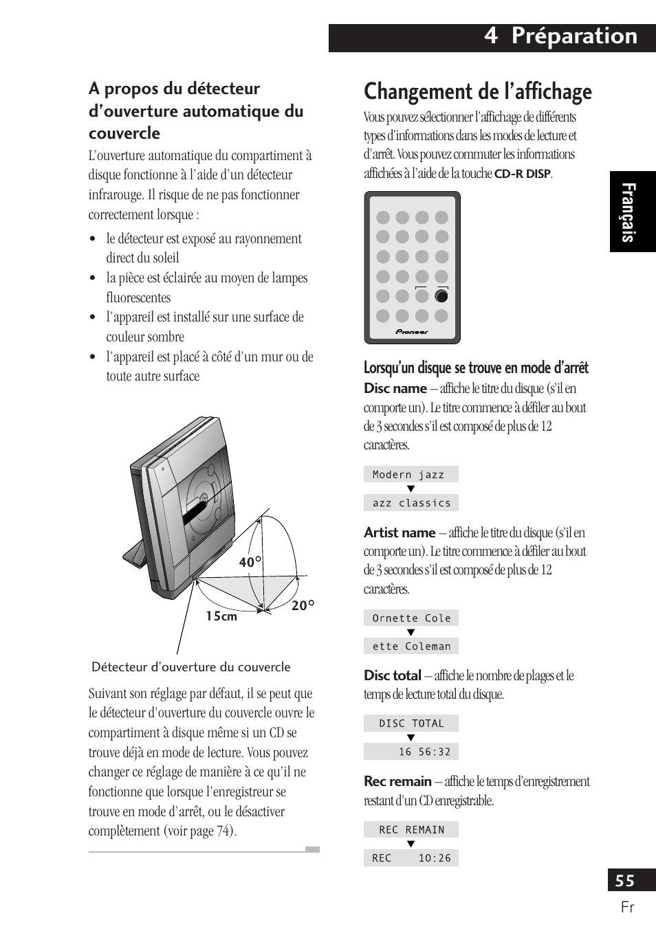 4 préparation, Changement de l’affichage, Lorsqu’un disque se trouve en mode d’arrêt | Pioneer PDR-F10 User Manual | Page 55 / 162