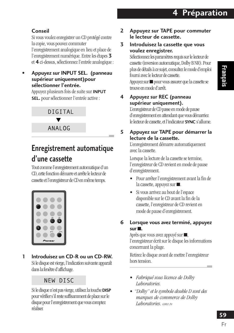 Enregistrement automatique d’une cassette, 4 préparation, 59 français | Pioneer PDR-F10 User Manual | Page 59 / 162