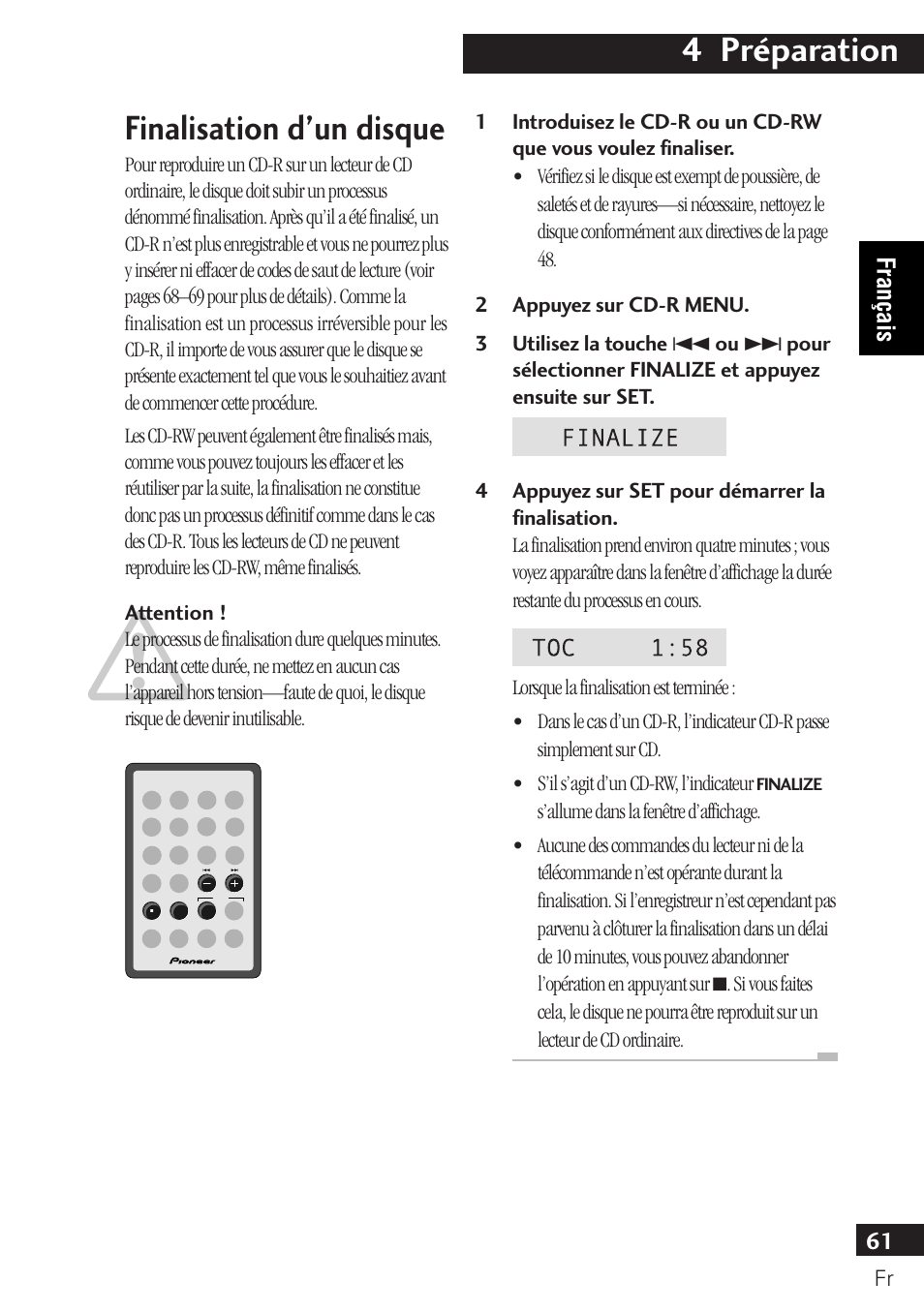 Finalisation d’un disque, 4 préparation, 61 français | Pioneer PDR-F10 User Manual | Page 61 / 162