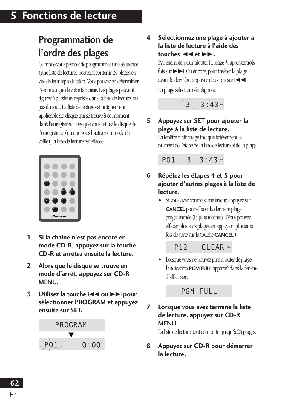 Programmation de l’ordre des plages, 5 fonctions de lecture | Pioneer PDR-F10 User Manual | Page 62 / 162