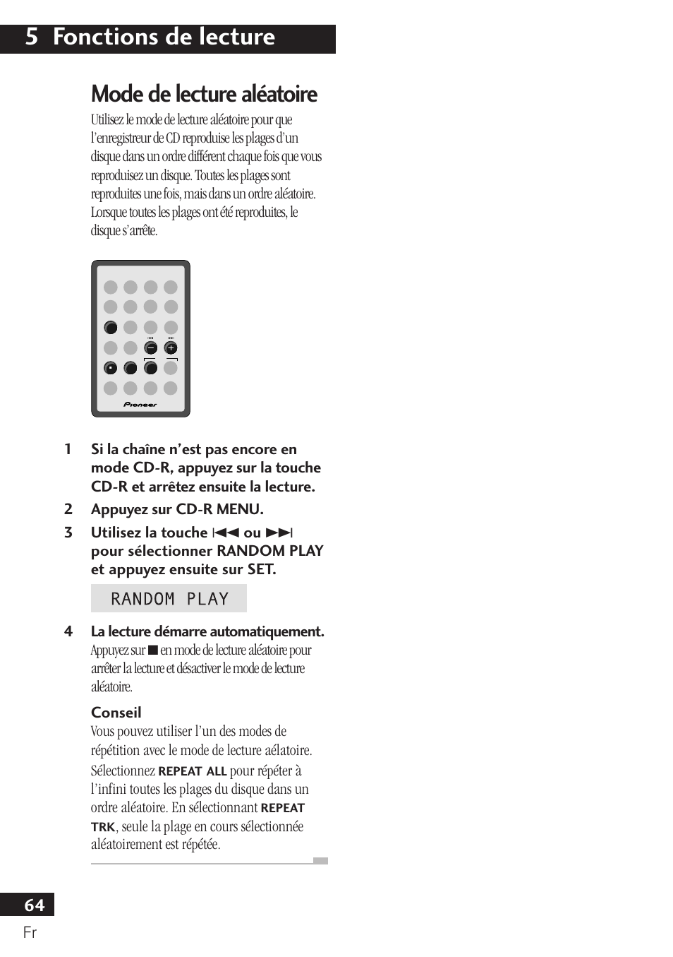 Mode de lecture aléatoire, 5 fonctions de lecture | Pioneer PDR-F10 User Manual | Page 64 / 162