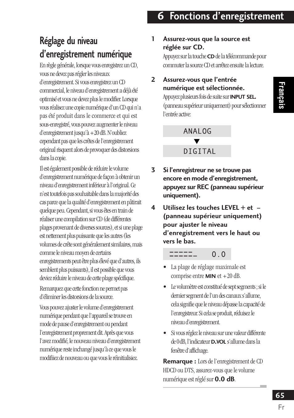 Réglage du niveau d’enregistrement numérique, 6 fonctions d’enregistrement | Pioneer PDR-F10 User Manual | Page 65 / 162