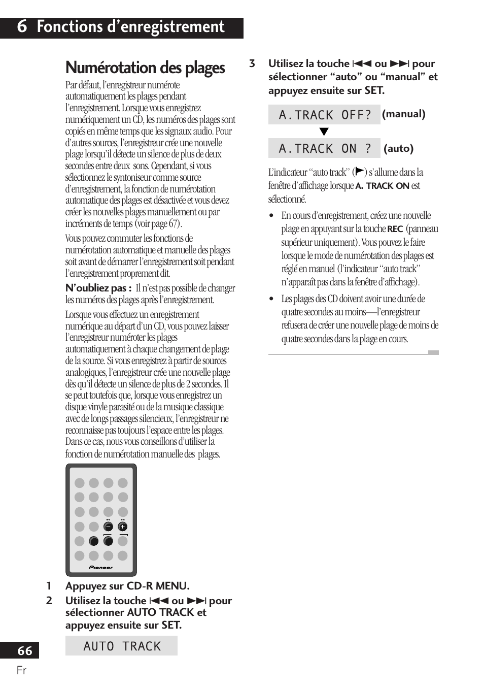 Numérotation des plages, 6 fonctions d’enregistrement | Pioneer PDR-F10 User Manual | Page 66 / 162
