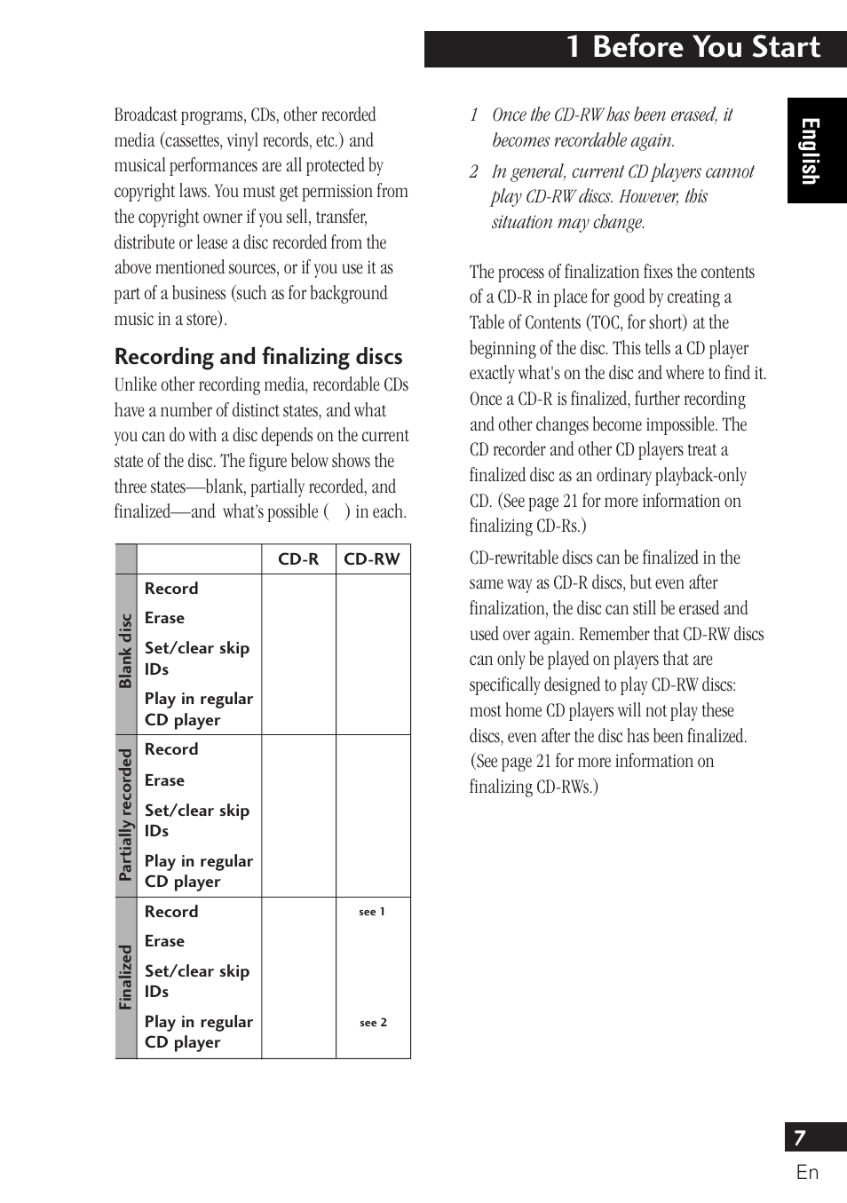 Recording and finalizing discs, 1 before you start, 7english | Pioneer PDR-F10 User Manual | Page 7 / 162