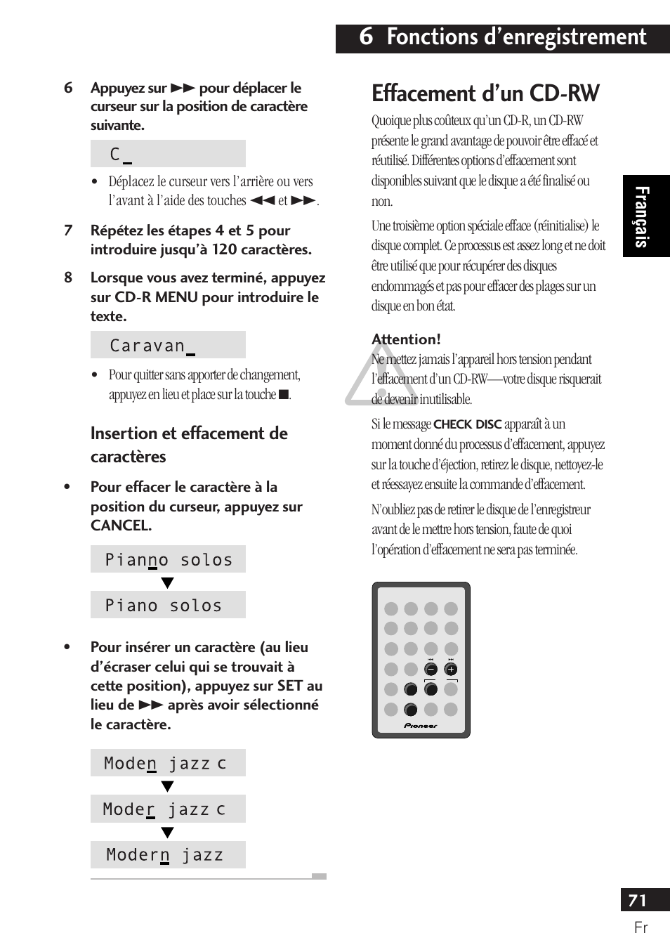 6 fonctions d’enregistrement, Effacement d’un cd-rw, Insertion et effacement de caractères | 71 français | Pioneer PDR-F10 User Manual | Page 71 / 162