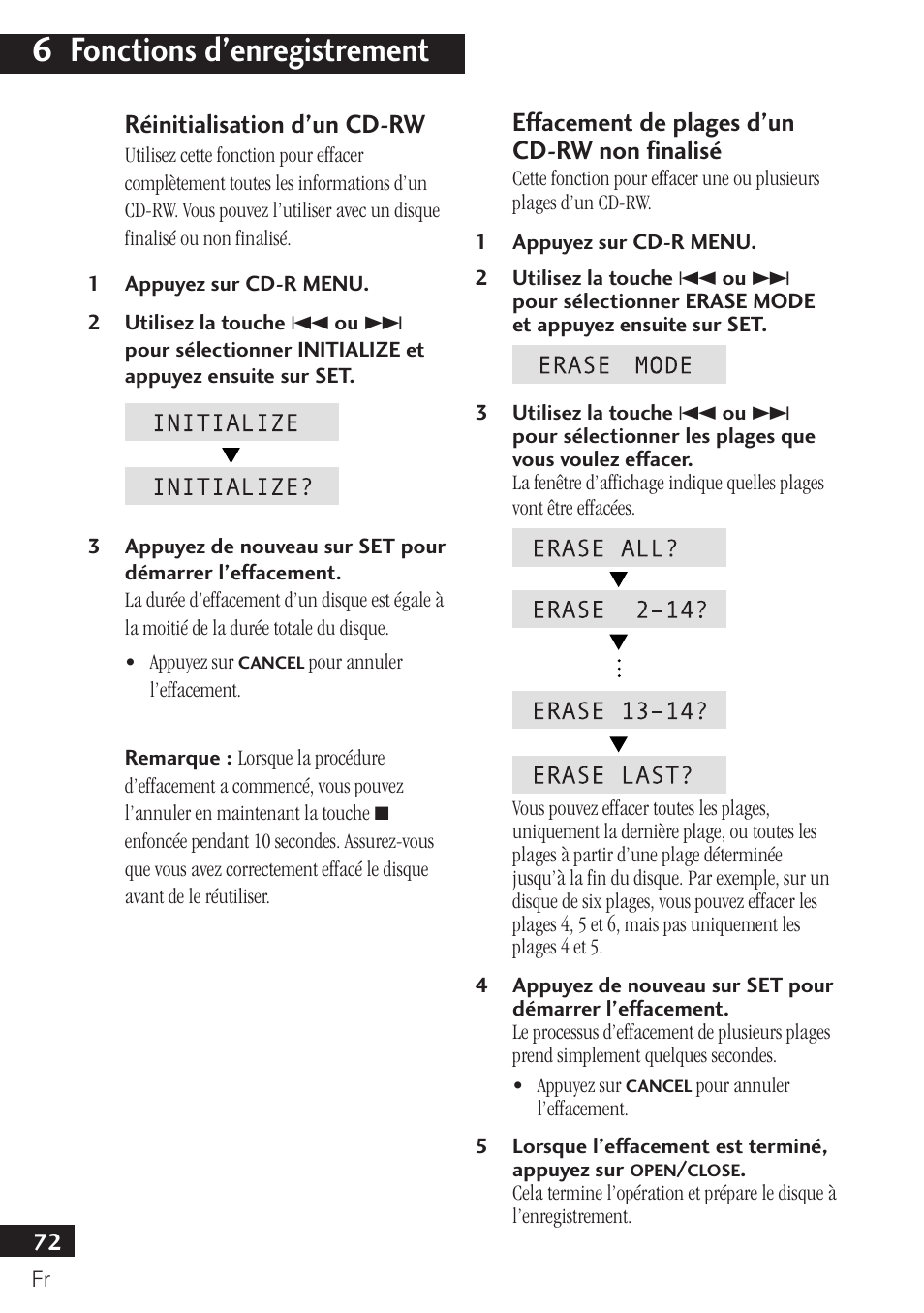 6 fonctions d’enregistrement, Réinitialisation d’un cd-rw, Effacement de plages d’un cd-rw non finalisé | Pioneer PDR-F10 User Manual | Page 72 / 162