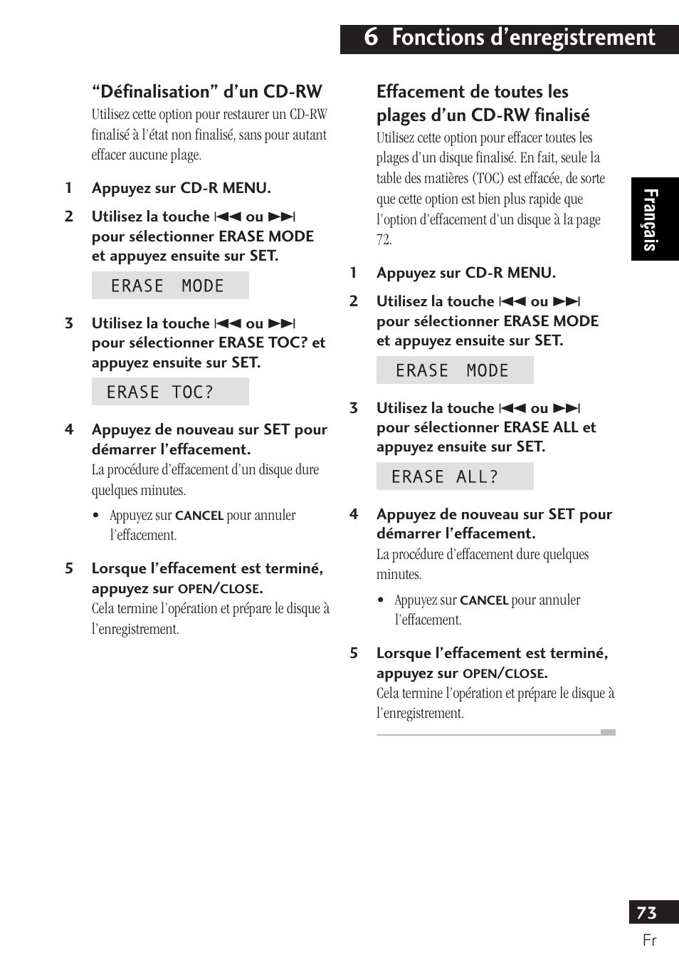 6 fonctions d’enregistrement, Définalisation” d’un cd-rw | Pioneer PDR-F10 User Manual | Page 73 / 162