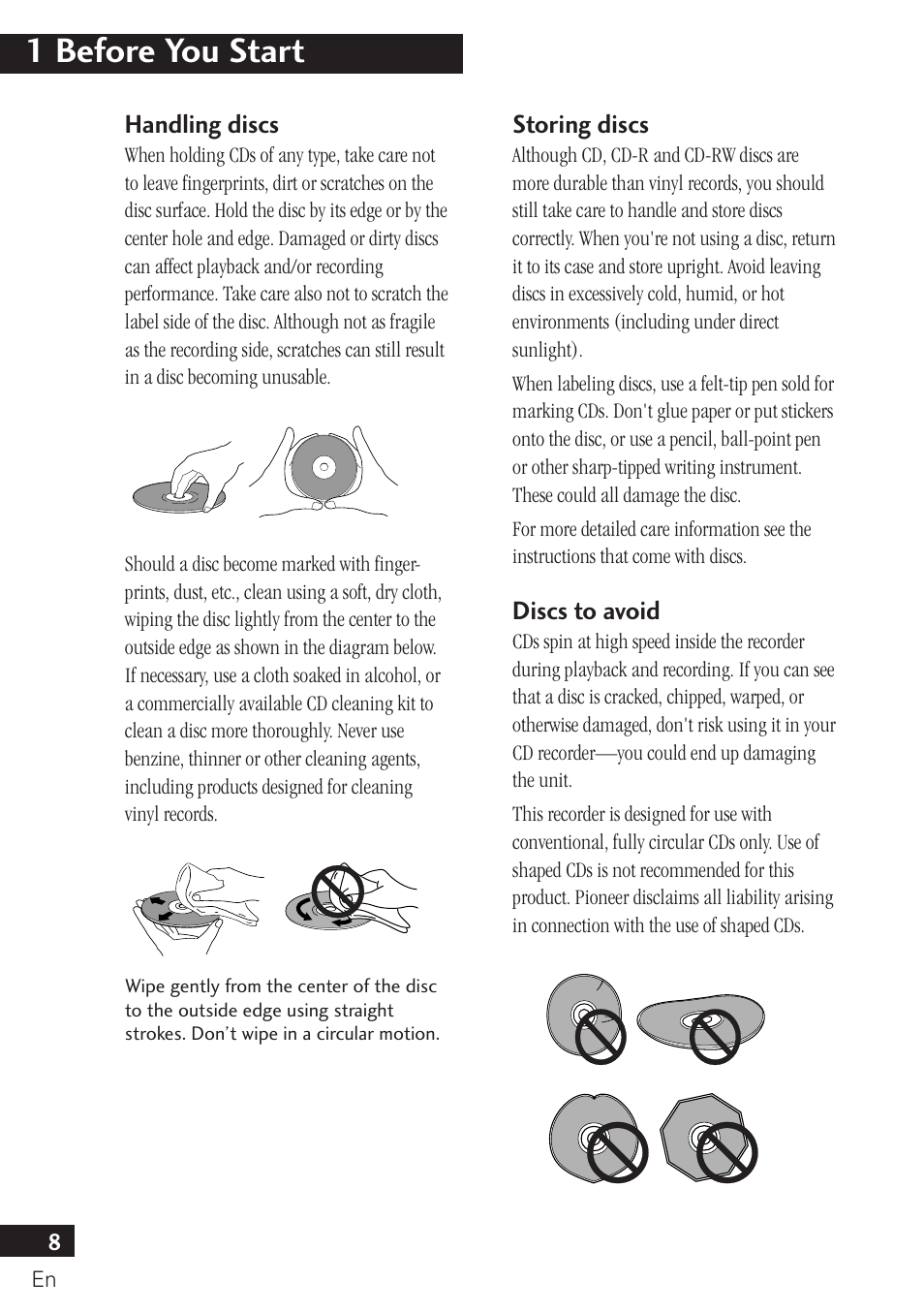 Handling discs storing discs discs to avoid, 1 before you start | Pioneer PDR-F10 User Manual | Page 8 / 162