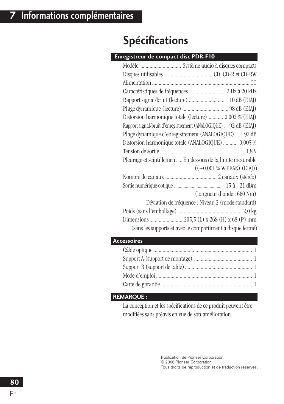 Spécifications, 7 informations complémentaires | Pioneer PDR-F10 User Manual | Page 80 / 162