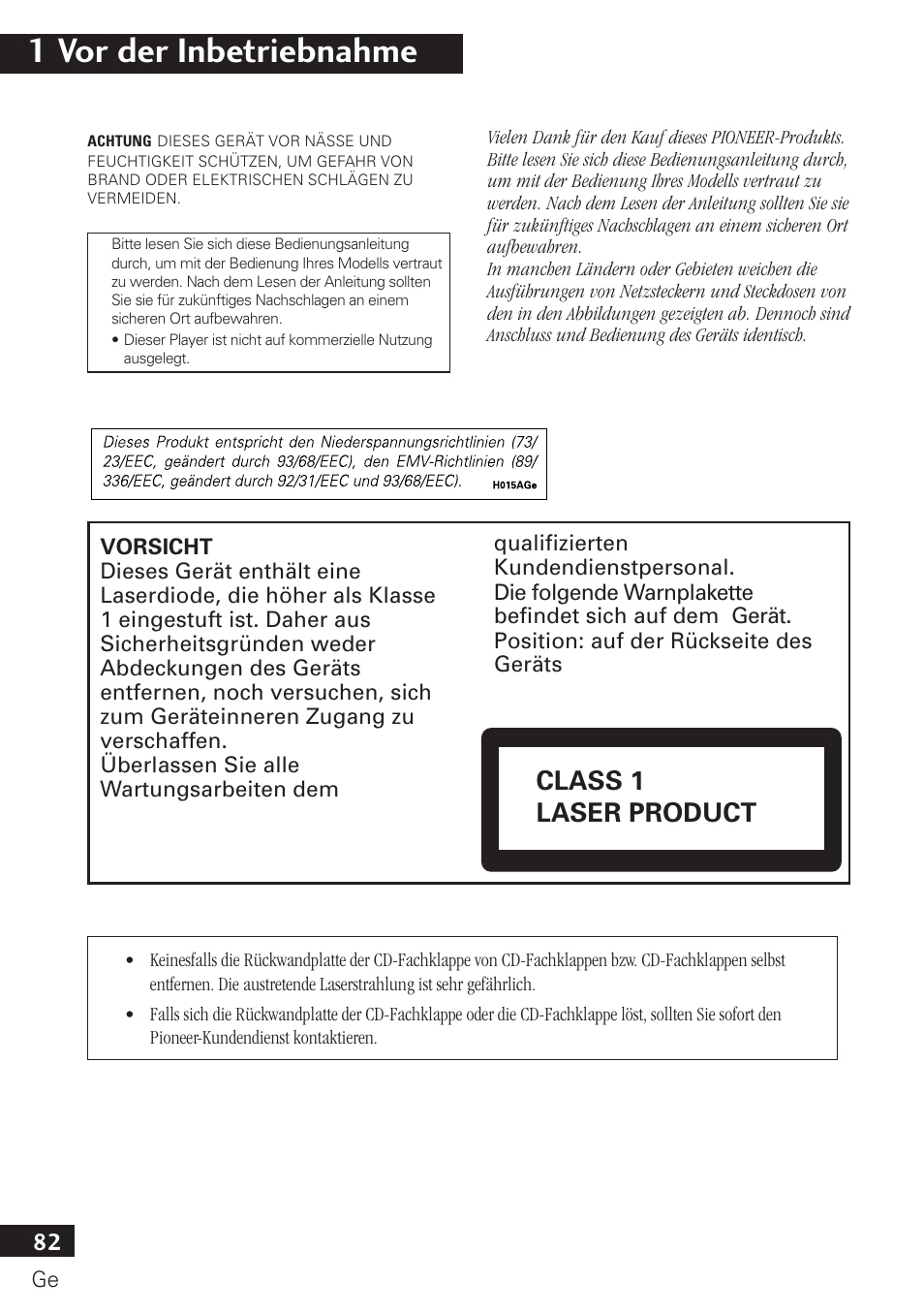 1 vor der inbetriebnahme, Class 1 laser product | Pioneer PDR-F10 User Manual | Page 82 / 162