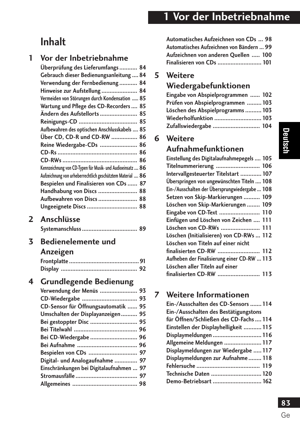 1 vor der inbetriebnahme, Inhalt | Pioneer PDR-F10 User Manual | Page 83 / 162