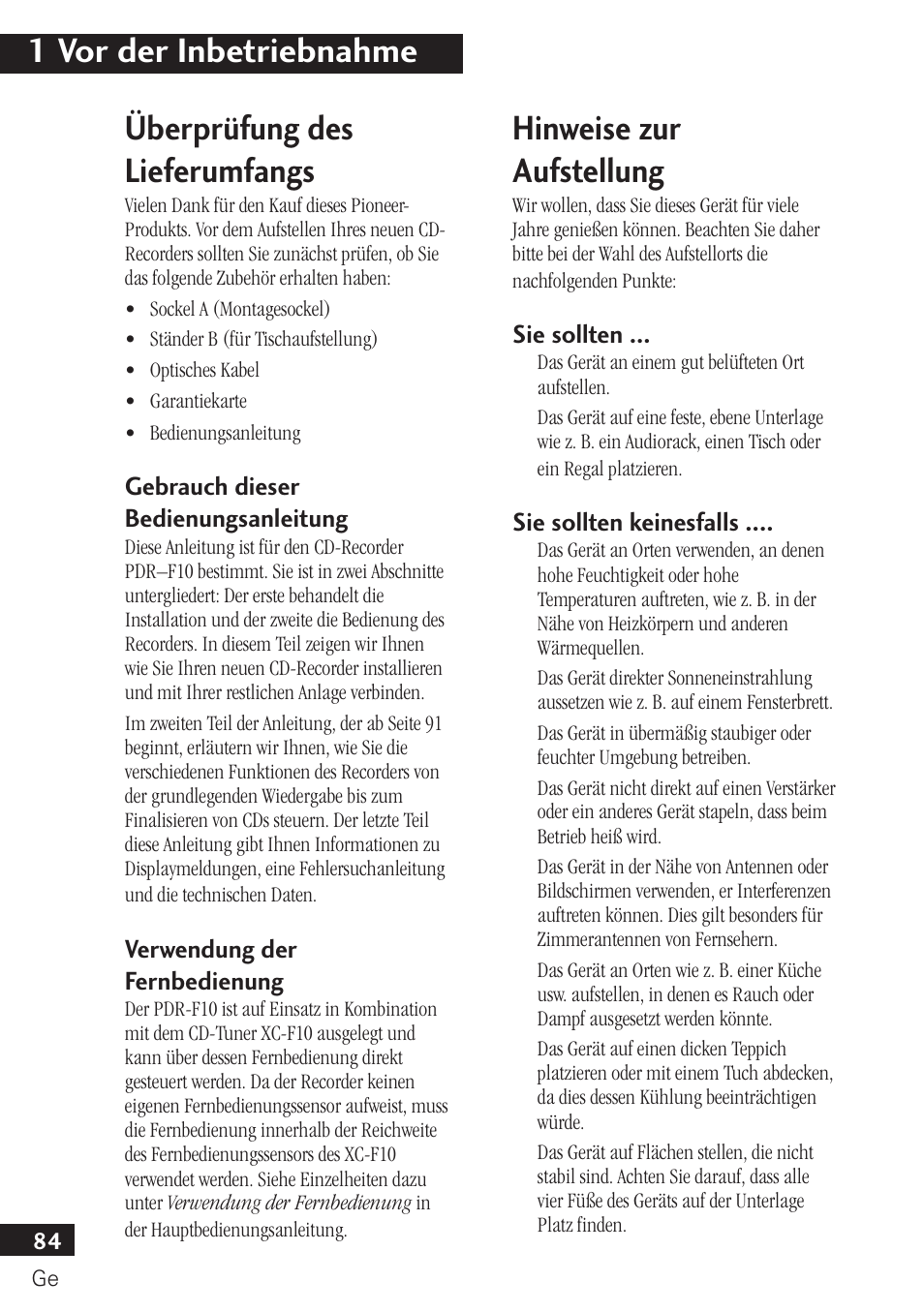 1 vor der inbetriebnahme, Überprüfung des lieferumfangs, Hinweise zur aufstellung | Pioneer PDR-F10 User Manual | Page 84 / 162