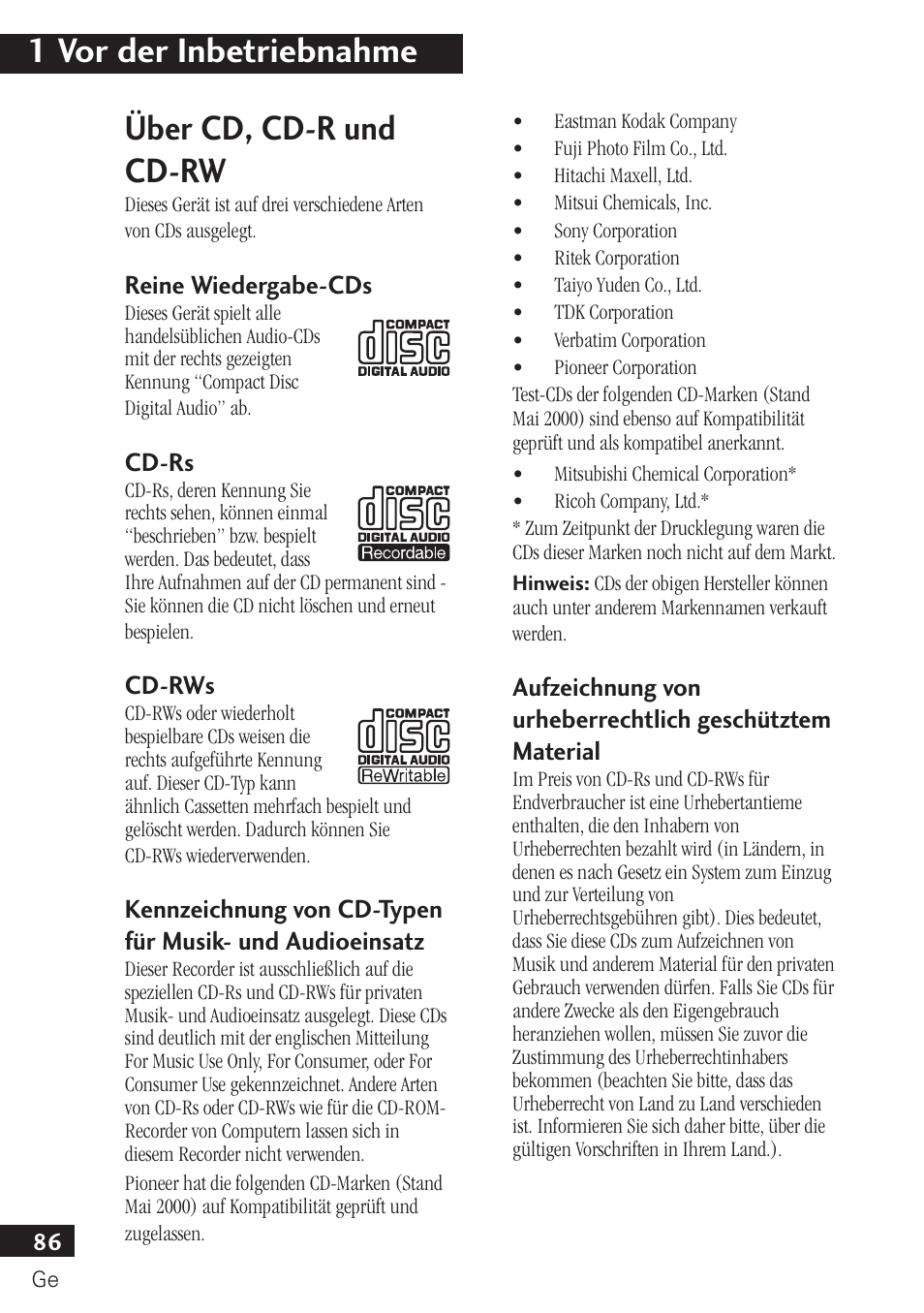 1 vor der inbetriebnahme, Über cd, cd-r und cd-rw, Reine wiedergabe-cds | Cd-rs, Cd-rws | Pioneer PDR-F10 User Manual | Page 86 / 162