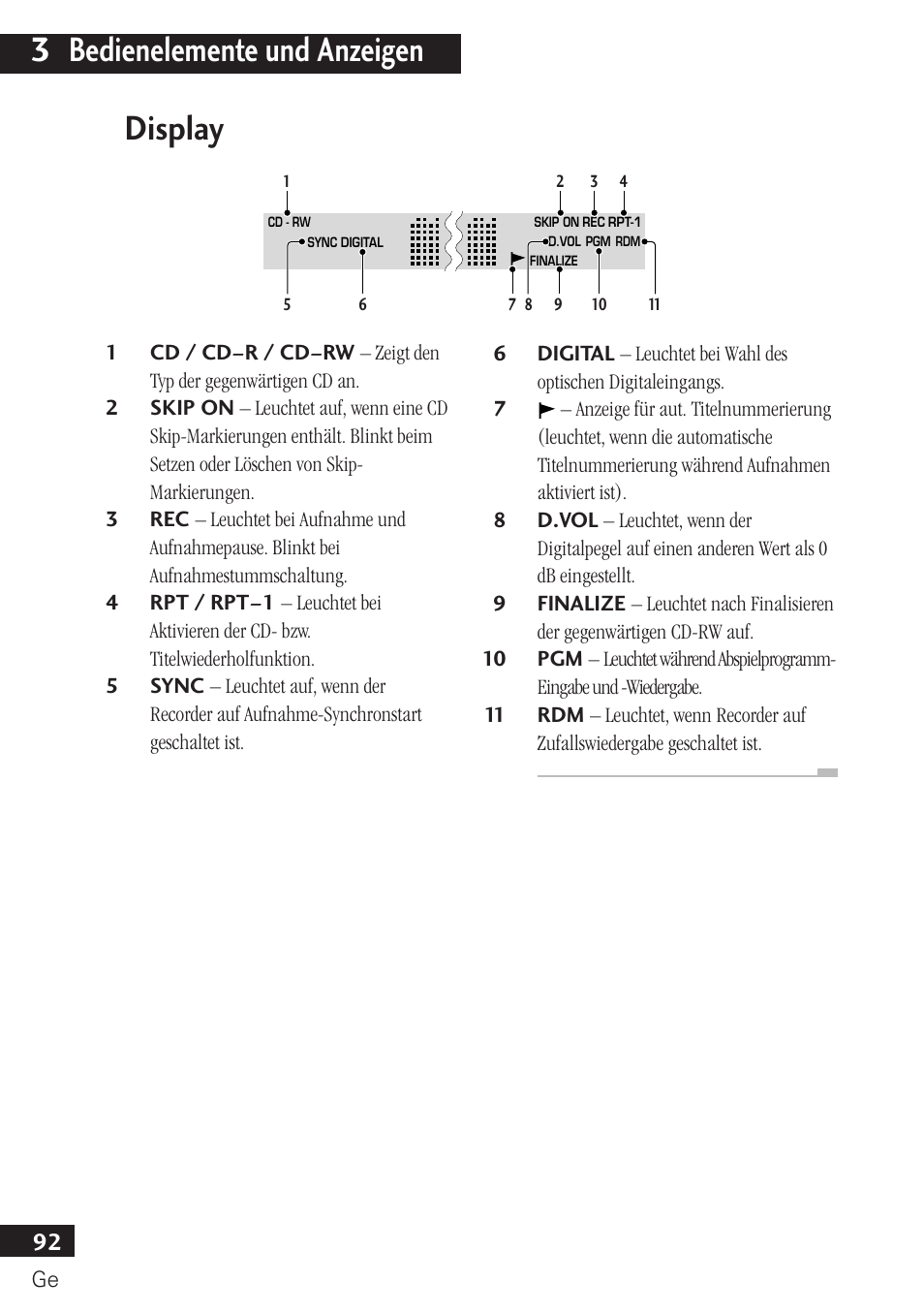 Display, 3 bedienelemente und anzeigen | Pioneer PDR-F10 User Manual | Page 92 / 162