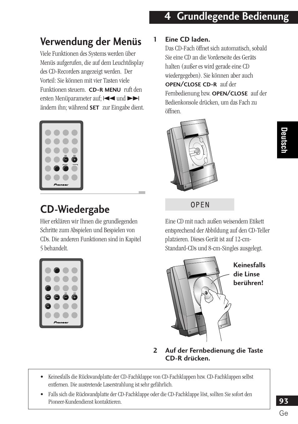 Verwendung der menüs cd-wiedergabe, 4 grundlegende bedienung, Verwendung der menüs | Cd-wiedergabe, 93 deutsch, Zur eingabe dient, Auf der fernbedienung bzw | Pioneer PDR-F10 User Manual | Page 93 / 162