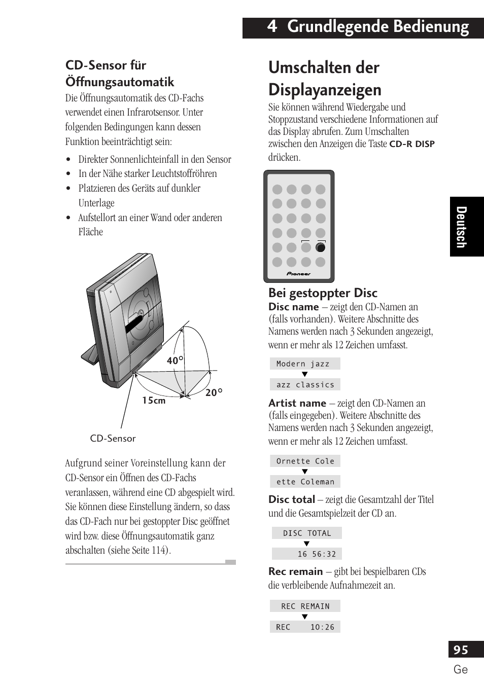 4 grundlegende bedienung, Umschalten der displayanzeigen, Bei gestoppter disc | Cd-sensor für öffnungsautomatik | Pioneer PDR-F10 User Manual | Page 95 / 162